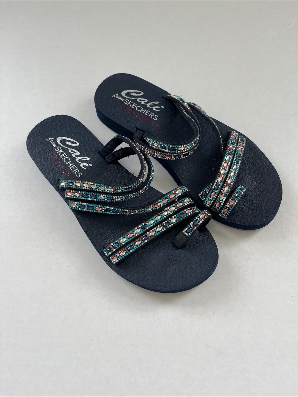 Skechers Navy Flip-Flops with Multicolor Beaded Straps